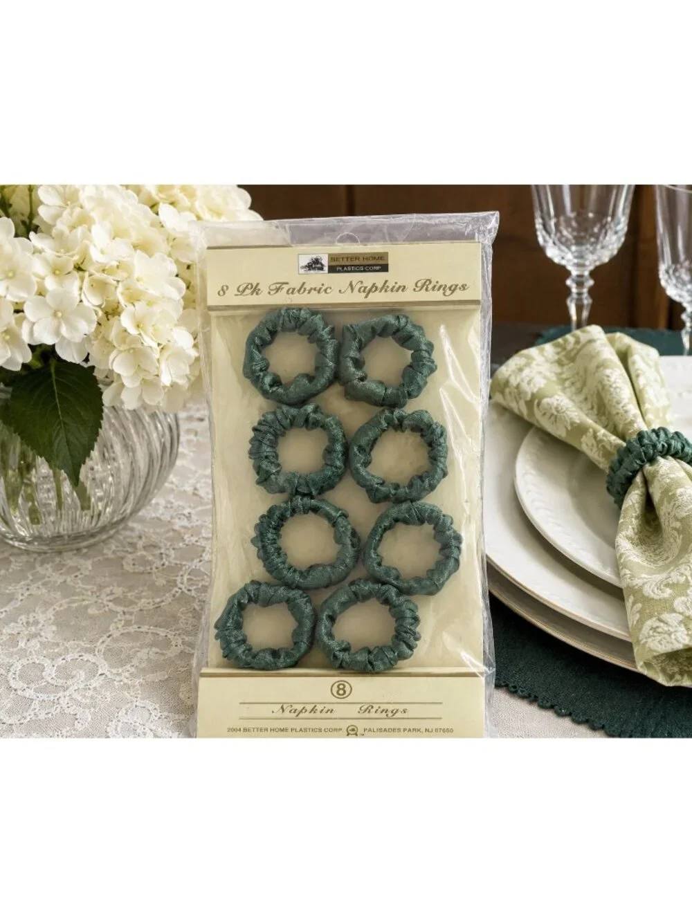 Vintage 2004 Better Home Plastics Fabric Damask Napkin Rings Set of 8 NOS Sage G